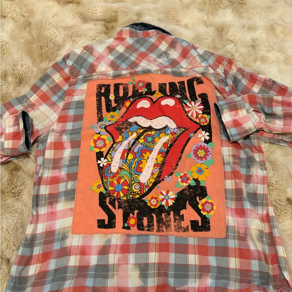 Custom Rolling Stones Women's Bleached/Distressed Plaid Button Down Shirt